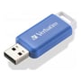 Blå Verbatim DataBar USB 2.0 flash drive med 64 GB kapacitet, vist med USB-stikket skubbet ud.