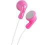 Nærbillede af pink JVC HA-F14 Gumy in-ear hovedtelefoner, der viser detaljer på ørepropperne og det hvide kabel.