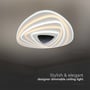 V-TAC 120W LED loftlampe installeret på et loft med tekst 'Stylish & elegant designer dimmable ceiling light', der fremhæver lampens æstetiske appel.