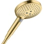 Hansgrohe Raindance Select S 120 håndbruser i skinnende guld med 120 mm hoveddiameter og en tydelig Select-knap.