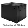 Sort Toten 19-tommers vægskab på 6U set bagfra fra skrå vinkel med lukket bagpanel, hængsler og lås.