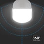 V-TAC LED T100 pære med visuel indikation af 160 graders lysspredning på mørk baggrund.