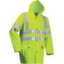 Detaljeret visning af Lyngsøe Rainwear FR-LR55 gul Hi-vis regnjakke, XL, med synlige trykknapper, lommer og reflekser.