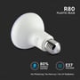 V-TAC R80 plast LED pære med E27 fatning, der fremhæver energibesparelse og ingen flimmer.