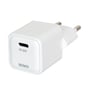 Deltaco USB-C mini væglader i hvid, med PD 20W mærkat og én USB-C port.