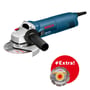 Blå Bosch 1400W GWS 1400 Professional vinkelsliber med 125mm diamantskive og ekstra diamant skive vist.