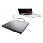 Verbatim Slimline Blu-ray-brænder tilsluttet en bærbar computer med kabel, set skråt oppefra.
