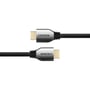 Deltaco Ultra High Speed HDMI-kabel set tæt på med to stik i hver sin retning og sort, flettet kabel.