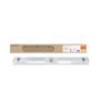 Ledvance Damp Proof Housing armatur med 2xT8 rør, 600 mm, grå, IP65, vist med emballage og åbent armatur på hvid baggrund.