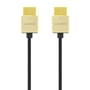Deltaco ultratyndt HDMI-kabel på 2 meter set lige forfra med HDMI-logo på begge guldfarvede stik.