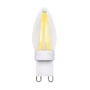 En enkelt LEDlife G9 2W filament LED pære med satinagtigt glas, der viser de to gule lysstrenger og G9-fatning forfra.
