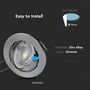 Infografik med V-TAC GU10-downlight-kit i krom, der viser justerbar spotring og hulmål på Ø7,4 cm.