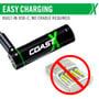 Grafik viser et Coast genopladeligt AAA-batteri med USB-C-kabel og en oplader markeret som overflødig.