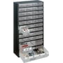 Raaco 1240-123 skuffereol med 40 skuffer fyldt med smådele og værktøj, kabinet i sort stål.