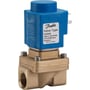 Danfoss EV250B 10BD magnetventil i messing og blå plast med G 3/8 tilslutning, ideel til varmesystemer.