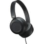 JVC HA-S31M-B sorte on-ear hovedtelefoner set fra den modsatte side og let skråt, med synligt JVC logo på pandebåndet.