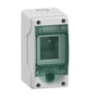 Schneider Electric Kaedra mini kapsling i grå, IP65-klassificeret med 3 moduler og grønt gennemsigtigt låg.
