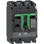 Schneider Electric ComPacT NSX160N 3P 3d maksimalafbryder med grønt håndtag og synlige terminaler på mørk baggrund.