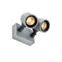 SLV MYRA væg- og loftlampe i grå lakeret aluminium med to justerbare lampehoveder, der viser indbyggede GU10 fatninger og en IP55-klassificering.