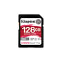 Kingston Canvas React Plus 128GB SDXC UHS-II hukommelseskort set fra fronten, med tydelige hastigheds- og kapacitetsangivelser.