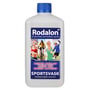 Rodalon Sportsvask 1 liters flaske viser billeder af folk, der dyrker sport, og tekst om lugtfjerning og bakteriedrab.