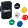 Sort Schneider Electric modul til trykknapper og et udvalg af farvede caps med symboler: hvid med kryds, sort med pil, rød med cirkel, gul, grøn med streg og blå.