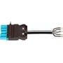 Wieland GST18I5 5-polet stik med blå indsatser set fra siden, forbundet til et sort halogenfrit kabel med afsluttede ledningsender.