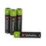 Fire Verbatim genopladelige AAA-batterier med sort hylster og grøn top, placeret på en hvid baggrund.