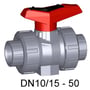 Georg Fischer ABS Type 546 kuglehane med angivelse af DN10/15 - 50, vist med grå krop og rød håndtag.
