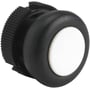 Schneider Electric Harmony trykhoved, hvid XACA9411, med hvid plastknap og sort plasthus, vist med en vinklet frontprofil.
