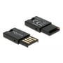 To DeLock USB 2.0 kortlæsere til Micro SD viser USB-stikket og beskyttelseshætten.