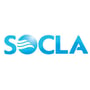 Socla logo med bølger og blå tekst på hvid baggrund.