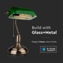 V-TAC bordlampe i grøn og messing, der fremhæver dens 'Glass+Metal' konstruktion og 5 års garanti.
