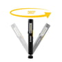 Ironside LED-pencillygte vist i flere vinkler, der illustrerer den magnetiske fods 360° drejefunktion.
