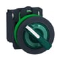 Schneider Electric Harmony XB5 drejegreb flush med grøn LED-belysning, 24V, med 1NO+1NC kontakter, på hvid baggrund.