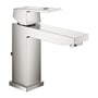 Grohe Eurocube M-size etgrebs armatur i børstet stål med moderne kubistisk design og vandbesparende EcoJoy teknologi.