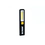 Ironside Mini-håndlampen set lige forfra med den lange LED-lysflade, gule tændknap og logo på det sorte hus.