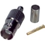 Rodan BNC hun lige stik 51K101, vist med dele til crimpning: selve stikket, en crimphylse og et messingcenterstift.