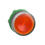 Schneider Electric lampetrykhoved ZB5 LED i orange, vist med fjeder retur og plan front i robust plastmateriale.