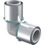 Uponor S-Press Plus 90° vinkelkobling i grå PPSU-plast og rustfri stål til 63mm rør, vist med lyseblå detaljer.