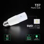 V-TAC 7,5 W LED-pære vist på skrå i en grafik med E27-fatning og en forstørret LED-chip.