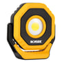 Ironside genopladelig arbejdslampe med magnet set forfra, med rund LED-lyskilde og gul-sort hus.