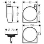 Tekniske tegninger af Hansgrohe greb/prop til afløbsgarniture, med dimensioner for diameter, højde og bredde.