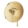 Grohe Essence etgrebsbatteri i poleret messing med et rundt greb og en diameter på 158mm på hvid baggrund.