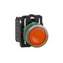 Schneider Electric Harmony Style 5 lampetryk med orange LED og sølvfarvet kant, 22 mm, monteret på en sort base.
