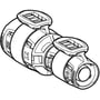 Teknisk tegning af Geberit FlowFit reduktion i sort PPSU, viser en 75mm til 50mm overgang med samlingsdetaljer.
