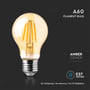 V-TAC A60 filament pære med amber cover og E27 holder, fremhæver ingen flimmer eller UV stråling.