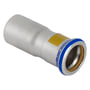 Geberit Mapress reduktion RFG 28 x 18 mm i rustfrit stål med to presmuffer på hvid baggrund.