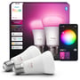 Philips Hue E27 pære med Color & White ambiance, 1100lm, og en skærmvisning af Hue app'en der viser farvevalg.