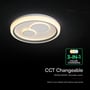 V-TAC LED-loftslampen vises med varmt lys og grafik om skift mellem tre farvetemperaturer med fjernbetjening.